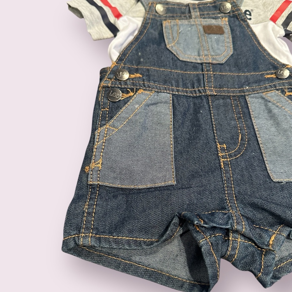 Baby Lee Kids Denim Overall Shorts With Undershirt Size 0-3 Months - Picture 2 of 8